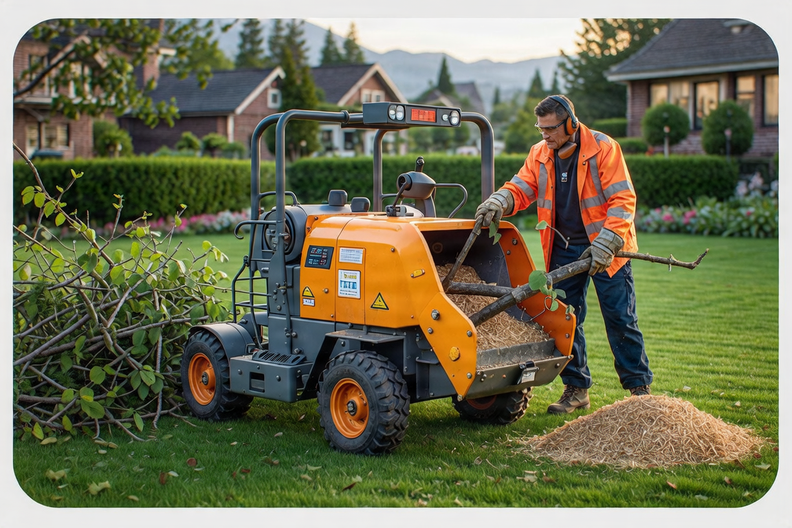 Wood chipper service clearing brush on residential property in Asheville